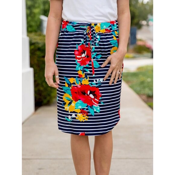 Tickled Teal Striped Floral Weekend Skirt Womens Large Polyester Blend Boho Chic - Picture 1 of 8